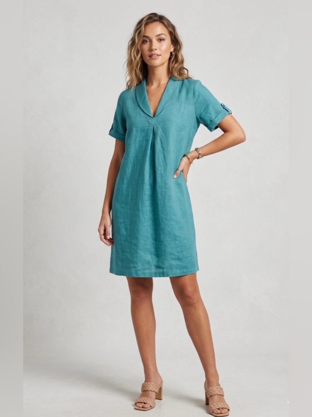 Cynthia Rowley 100% Linen V-Neck Shift Dress in Teal Blue – Relaxed Summer Mini